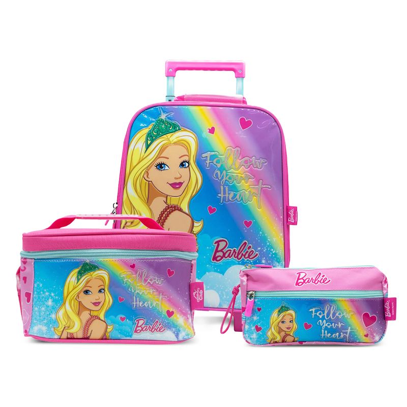 COMBO Maleta con Ruedas Lonchera Cartuchera DISNEY Barbie 24.6BAR212 Fucsia Conters